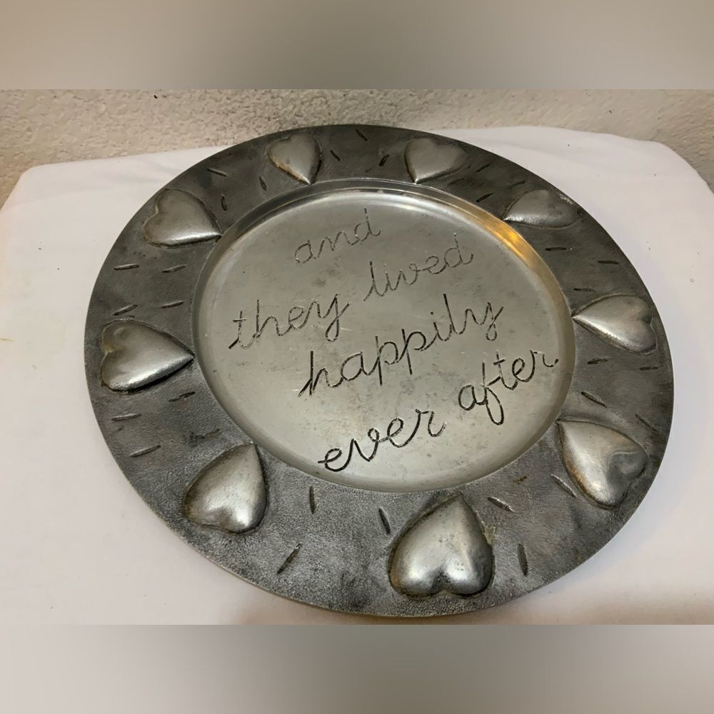 ALUMINUM EMBOSSED SERVING PLATTER "And THEY LIVED HAPPILY EVER AFTER" 15in